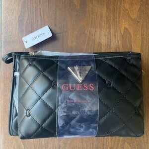 GUESS 2pc Set Cosmetic Travel Bag- Black Quilted